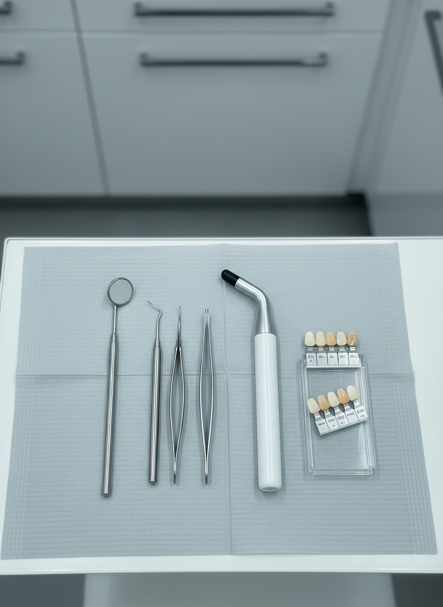 An artistic close-up of a dental aesthetics workspace prepared for a delicate procedure, featuring a pale gray sterile drape as the base surface. On it, lay out an organized set of high-quality dental tools with satin-finish metal: mouth mirror, explorer, tweezers, and a slim curing light device with a sleek white body. Beside them, a small, transparent tray holding shade tabs for aesthetic restorations introduces subtle neutral color variations. Overhead, cool, diffused clinical lighting creates crisp reflections on the metal edges while preserving a soft, controlled mood. The background softly blurs into a minimalist white cabinetry line. Shot from directly above in photographic realism, the image feels precise, clean, and focused on refined cosmetic dental care.